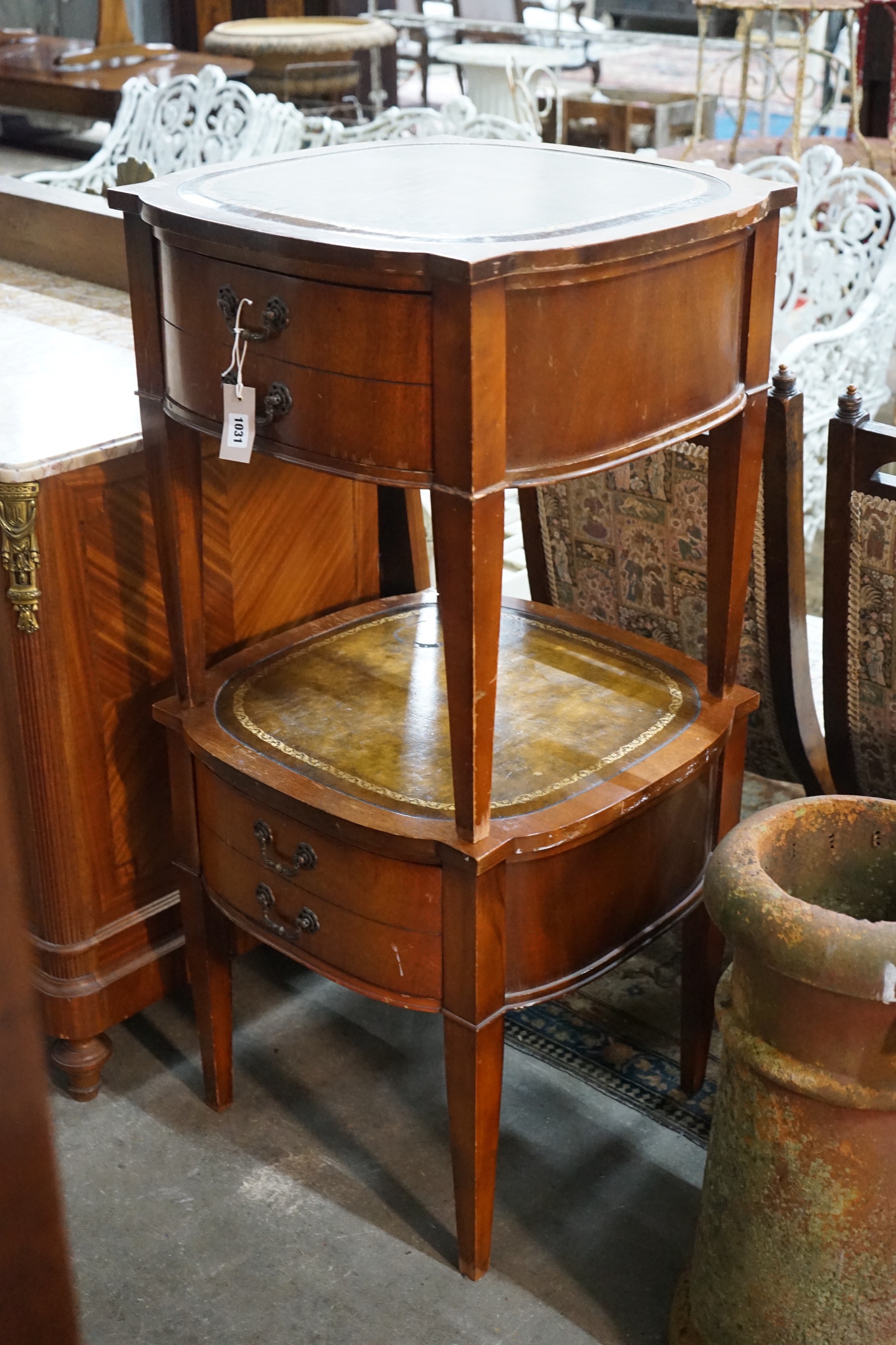 Two reproduction leather topped mahogany bedside tables, width 56cm, depth 56cm, height 57cm